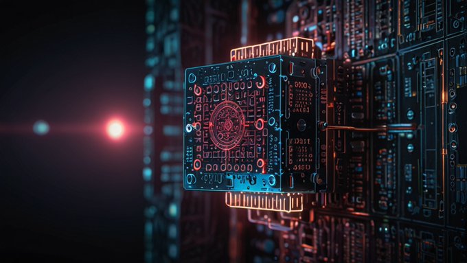 A stylized digital rendering shows a glowing circuit chip connecting to a complex server motherboard, illuminated by cyan and orange lights against a dark background.