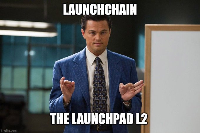 The image shows the iconic "Wolf of Wall Street" Leonardo DiCaprio clapping meme with the caption "LAUNCHCHAIN" at the top and "THE LAUNCHPAD L2" at the bottom. The celebratory clapping gesture humorously conveys enthusiasm about LAUNCHCHAIN's Launchpad L2 platform, tying into the post about paid alpha group members receiving priority access to token allocations for new launches.