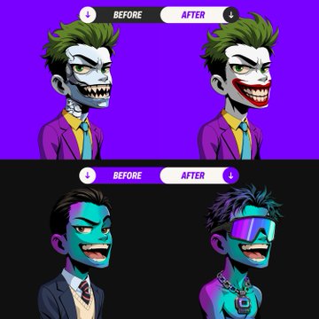 Four cartoon character 'BEFORE' and 'AFTER' transformation portraits display exaggerated stylistic changes, including one green-haired Joker-like figure and one figure with reflective visor glasses.