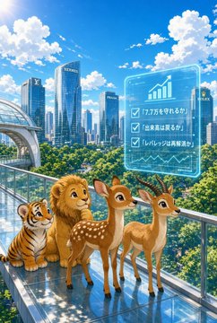 An illustration of a tiger, lion, and two deer standing on a balcony overlooking a modern city skyline, with a digital interface displaying financial metrics including "リターン" and "リバランス".