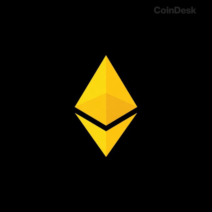The CoinDesk logo appears alongside the yellow Ethereum (ETH) diamond symbol on a black background, visually representing the cryptocurrency discussed in the post about Ethereum finalizing EIP-8141 to enable stablecoin gas fee payments.