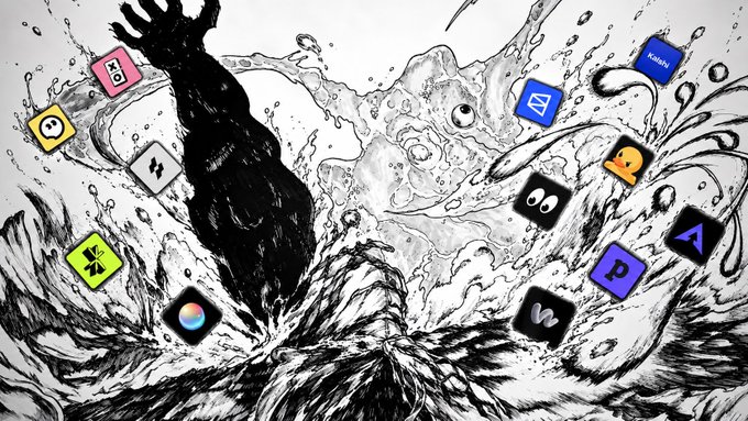 A black-and-white manga-style illustration shows a large splash of water with a dark figure reaching upward, surrounded by colorful app icons including Kumu, Bigo Live, Kik, Musical.ly, and others.