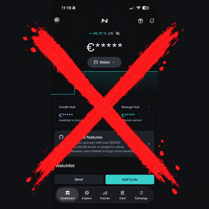 A cryptocurrency or finance app screenshot showing a wallet balance and credit/savings hubs is overlaid with a large red brushstroke 'X' mark, with visible text including '46.70 % 1W', 'Send', and 'Add funds'.