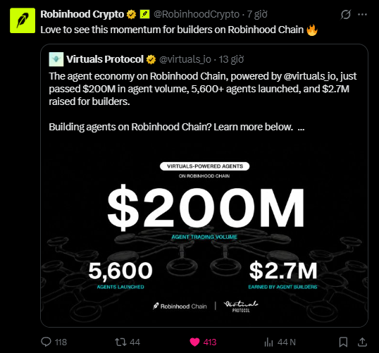 A tweet from Robinhood Crypto celebrating $200M in agent trading volume, 5,600 agents launched, and $2.7M earned by builders on Robinhood Chain through Virtuals Protocol—highlighting the very agent economy activity referenced in the caption, which questions why the AI/crypto crowd isn't responding more enthusiastically to this momentum.
