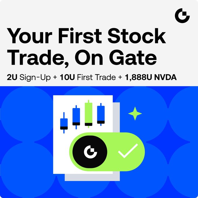 A promotional graphic for Gate exchange advertising 'Your First Stock Trade, On Gate' with sign-up and trade bonuses, featuring candlestick chart illustrations.