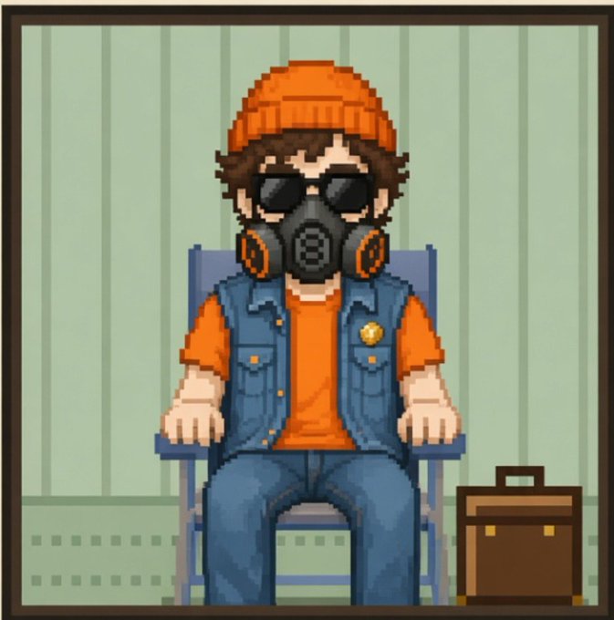 A pixel art illustration shows a seated character wearing an orange beanie, sunglasses, a gas mask, a denim vest over an orange shirt, and blue jeans, with a brown briefcase beside them.