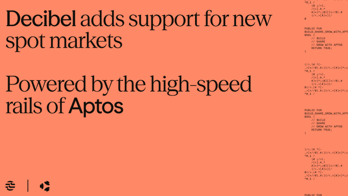 A coral-colored graphic announcing "Decibel adds support for new spot markets" and "Powered by the high-speed rails of Aptos," with code snippets visible on the right side and the Decibel logo in the bottom corner. The design highlights Decibel's expansion of its onchain spot trading on the Aptos blockchain, complementing the post's news about surpassing 75+ markets and $7.5B+ in volume.