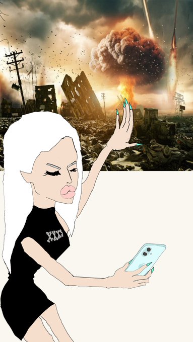 A cartoon of a woman with white hair holding a phone, taking a selfie while explosions destroy a cityscape in the background.