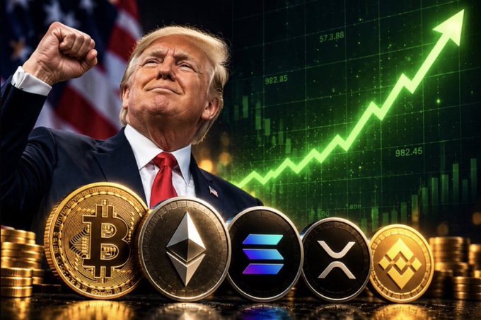 A man in a suit with a red tie raises his fist in front of an American flag, with a green upward stock chart and several cryptocurrency coins including Bitcoin, Ethereum, Solana, XRP, and Binance Coin displayed in the foreground.
