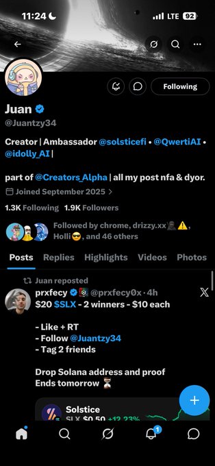 A Twitter/X profile screenshot of Juan (@Juantzy34), a Creator Ambassador for Solstice, QwertyAI, and Idolly AI, with 1.9K followers, showing a reposted giveaway for $20 in $SLX.