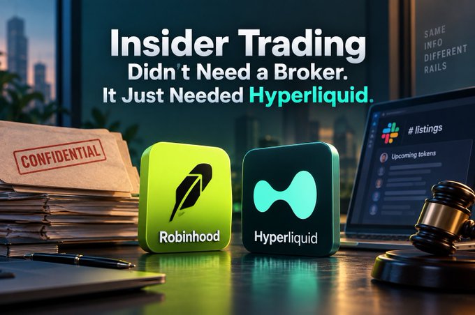 A promotional graphic reading 'Insider Trading Didn't Need a Broker. It Just Needed Hyperliquid.' featuring 3D app icons for Robinhood and Hyperliquid alongside a confidential folder and a gavel.