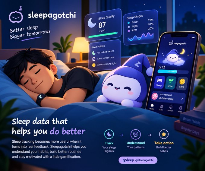 A promotional graphic for 'Sleepagotchi' shows a person sleeping next to a purple mascot and a smartphone app interface, with the tagline 'Sleep data that helps you do better'.