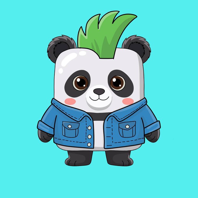 A cartoon mascot of a panda wearing a blue denim jacket with green hair styled like a leaf on its head, set against a bright cyan background.