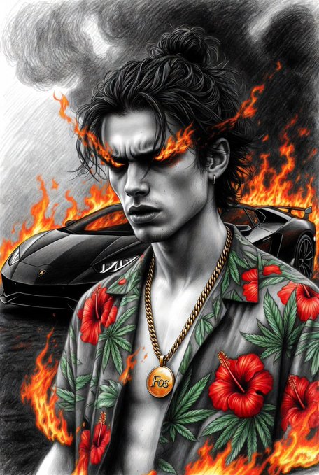 An illustrated digital artwork of a man with flaming eyes, a gold chain with a 'FOS' pendant, and a red floral shirt, set against a backdrop of fire and a black sports car.