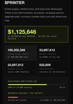 The image is a stats dashboard for the "$PRINTER" token, displaying key metrics including a market cap of $1,125,646 (with $1,353,734 fully diluted), circulating supply of 166,302,388, burned supply of 33,697,612, and 502,809 holds among 33,697,612 RHB addresses, with 69.1% of 10,000 machines currently serving. The accompanying post highlights that this dashboard reflects the early success of the $PRINTER project, noting that 16% of supply has already been permanently burned and $160k in rewards are ready for distribution among the rh machines after just one week.