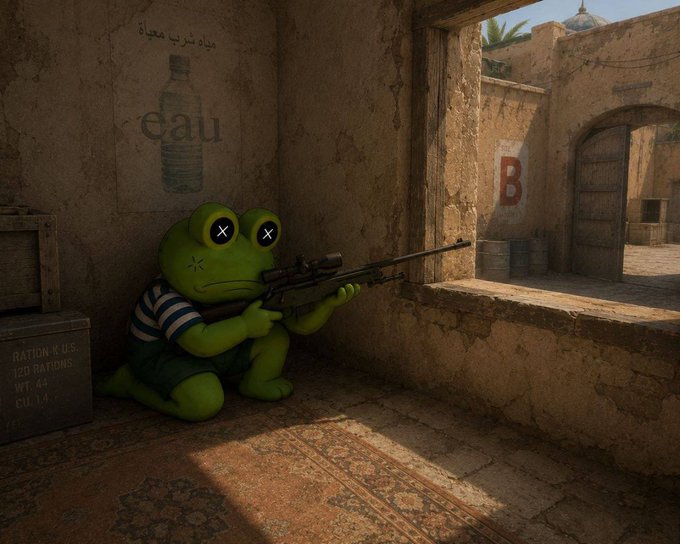 A sad green frog character wearing X's for eyes and a striped shirt crouches with a sniper rifle in a Middle Eastern-style building, aiming out a window. A red "B" marks the opposing bombsite, while a wooden crate reads "RATION K.U.S. 120 RATIONS WT. 44 CU. I.9," and graffiti on the wall spells "eau" with a bottle, tying into the $FROG meme as the player stalks their next headshot.
