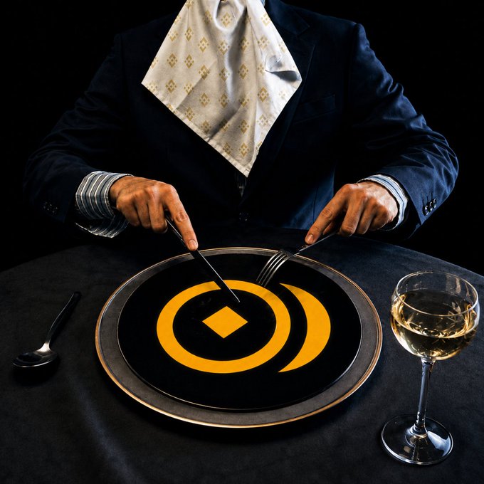 A man in a black suit holding a knife and fork over a black plate featuring an orange Binance (BNB) logo, accompanied by a glass of white wine on a dark table.