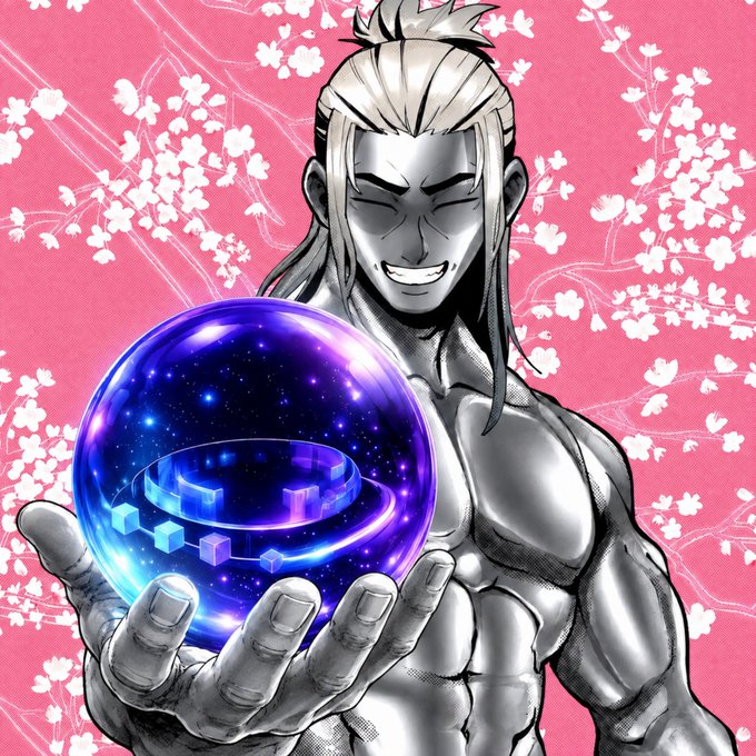 An anime-style illustration of a muscular silver-haired character with closed eyes and a smile, holding a glowing blue/purple orb containing a stylized 'S' logo, set against a pink cherry blossom background.