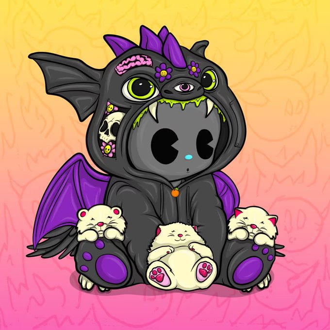 A cartoon character in a purple bat-eared hoodie holds three cute white kittens against a pink and yellow gradient background.