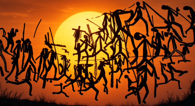 A silhouette-style animation showing numerous primitive human figures running and carrying spears and tools against a vibrant orange sunset backdrop with a large yellow sun.