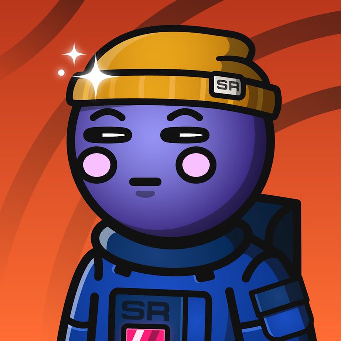 A cartoon purple character wearing a yellow beanie with 'SF' text and a blue spacesuit poses against an orange swirling background.
