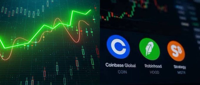 A glowing green candlestick chart showing Bitcoin's sharp 8.5% overnight surge sits alongside a stock screen displaying tickers for Coinbase Global (COIN), Robinhood (HOOD), and Strategy (MSTR), visually illustrating the crypto rally that triggered $3.5 billion in short liquidations.