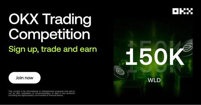 A promotional banner for the 'OKX Trading Competition' encouraging users to 'Sign up, trade and earn' with a prize pool of '150K WLD' and a 'Join now' button.