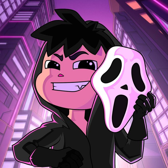 A stylized cartoon character with black hair and a mischievous grin holds up a white ghost mask against a neon purple cityscape, evoking a playful "Ghostface" vibe that fits the post's promotion of minting a "Ghost" collection partnered with @PoweredByVolt in a first-come, first-served drop in 52 minutes.