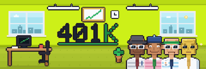 A pixel art scene depicting a room with four pixelated characters in athletic attire standing together. A large "401k" counter is displayed on the wall, with a green upward-trending chart above it, alongside a desk with a computer and a small potted plant.
