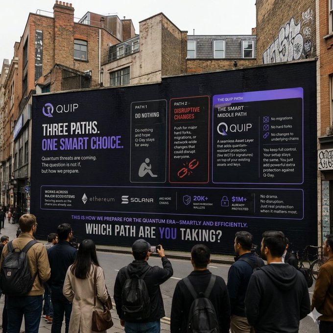 The image shows a group of people standing around a large billboard advertising Quip's network security solutions. The billboard displays three paths with different descriptions, including "Three paths", "One smart choice", and "No nothing". A crowd of people is gathered in front of this advertisement, indicating that the content on the billboard has caught their attention or they are discussing it among themselves.
