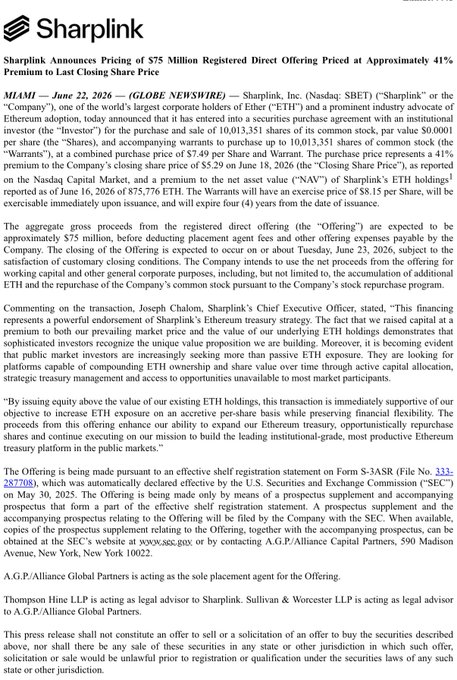 The image shows a Sharplink press release announcing a $75 million registered direct offering at $7.49 per share to fund an Ethereum purchase of 10,013,351 shares held by Consensys, noting the deal prices ETH at $7,477.76 with warrants exercisable at $8.15.