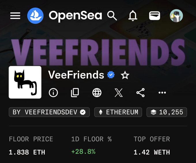 This image is a screenshot from a social media app showing an update with the caption "OpenSea friends". The app is displayed on a screen, which also features other posts related to cryptocurrency and NFTs, such as a post about @veefriends up almost 30% - whether you're holding it or not. This indicates that the user might be interested in these topics, potentially considering investing in cryptocurrencies or exploring NFTs further.