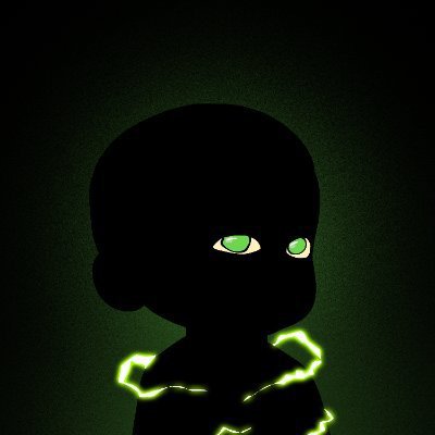 A digital illustration of a dark silhouette of a child with glowing green eyes and green lightning-like energy emanating from their chest, set against a dark green background.