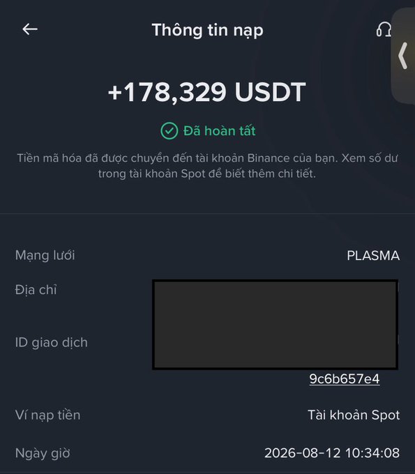 A Binance deposit confirmation screen in Vietnamese showing a successful transfer of +178,329 USDT completed via the PLASMA network on 2026-08-12 at 10:34:08.