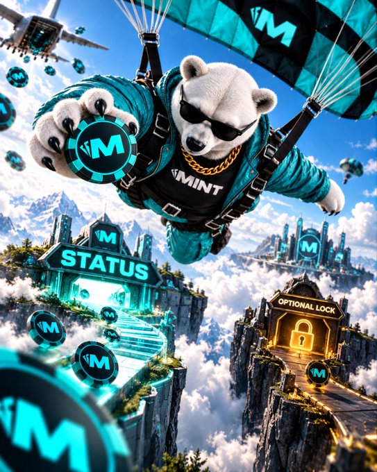 A promotional graphic featuring a polar bear in sunglasses parachuting while holding an 'M' token, with floating 'M' coins, a 'STATUS' gate, and an 'OPTIONAL LOCK' structure against a cloudy sky.