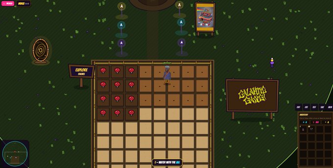 A screenshot from a 2D video game featuring a character on a grid-based board with red gem items, with signs reading 'EXPLORE' and 'GAMING ONWAVE' visible.