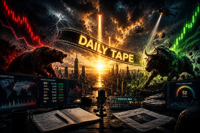 The image depicts a dramatic financial scene with a "DAILY TAPE" banner stretched across a stormy skyline, flanked by a roaring bear on the left and a bull on the right, symbolizing market volatility. In the foreground, a trading desk displays charts, a microphone, a "MARKET UPDATE" newspaper, and a screen showing BTC at 83,740 with various tickers (ETH, TOTAL, SPX, GOLD, OIL) alongside a world map and a "Fear & Greed Index" gauge reading 52—visually reinforcing the post's theme of Bitcoin's bounce toward $63K and renewed institutional inflows via spot ETFs.