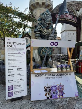 An outdoor promotional display for 'OG - THE TRUST LAYER FOR AI' featuring pricing information and cartoon mascot characters in front of a stone statue and building.