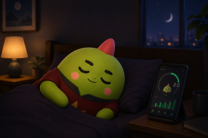 A digital illustration of a round green character with a pink tuft sleeping peacefully in bed at night, next to a smartphone displaying a sleep tracking app.