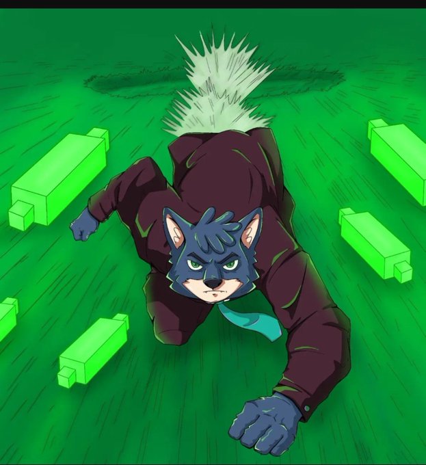 An anime-style illustration shows a character wearing a blue cat mask and dark jacket crawling on a green surface with glowing green rectangular shapes.
