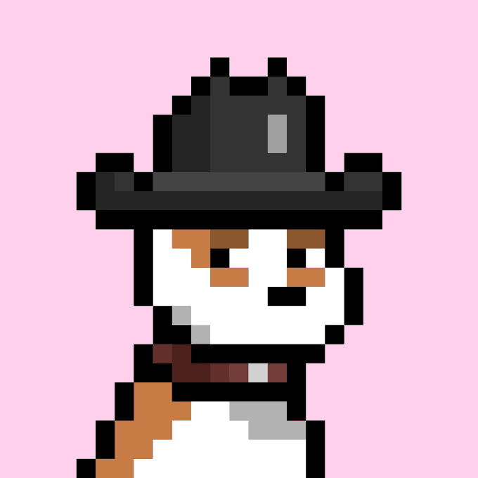 A pixel art depiction of a white dog with orange spots wearing a black fedora hat, set against a pink background. This represents Doginal Dog #5986, an NFT from the doginaldogs collection that is being sold for 47,350 DOGE.