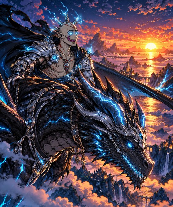Detailed fantasy digital artwork depicting a zombie-like undead warrior with blue lightning coursing through his body riding a massive armored black dragon with glowing blue eyes, set against a dramatic sunset landscape with mountains and clouds.