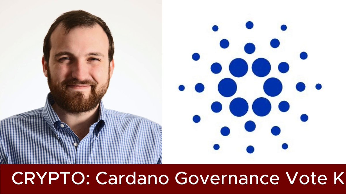 The image features a man with a beard wearing a blue shirt, smiling at the camera. Below him, there are two logos - one of a blue circle with dots and the other of a blue diamond shape. The text "Crypto: Cardano Governance Vote K" is written in red below the logos. The background of the image is white, and it appears to be a promotional post for the Cardano Foundation or the Cardano Governance Vote.