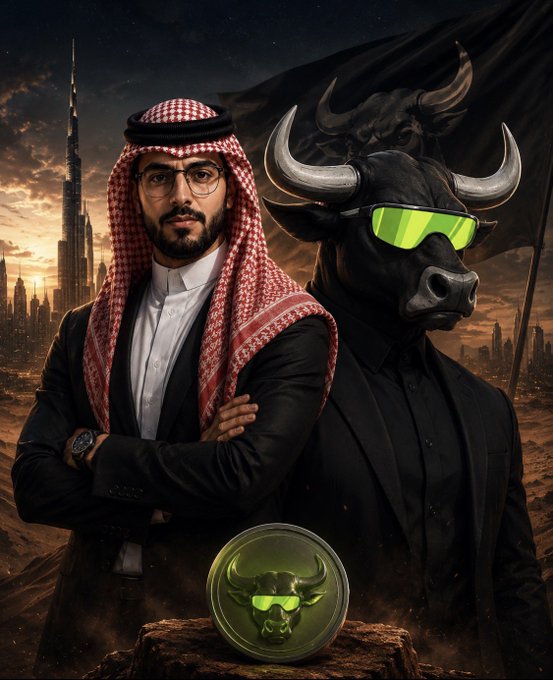 A man in traditional Saudi Arabian attire stands beside a black bull wearing green sunglasses, with a bull-emblazoned coin in the foreground and a desert cityscape behind them.