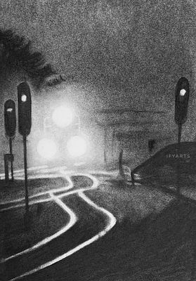 A black and white pencil-style sketch of a misty nighttime street scene featuring tram tracks, illuminated street lamps, and a train labeled 'IVARTS'.