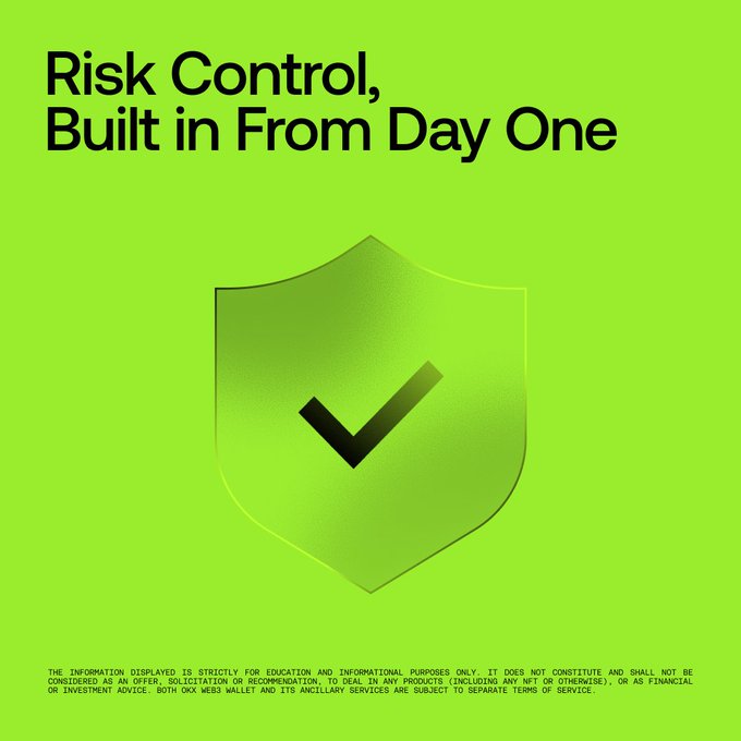 A green graphic featuring a shield with a checkmark, headlined "Risk Control, Built in From Day One," illustrating OKX Web3 Wallet's commitment to embedding protective measures into every product from launch.