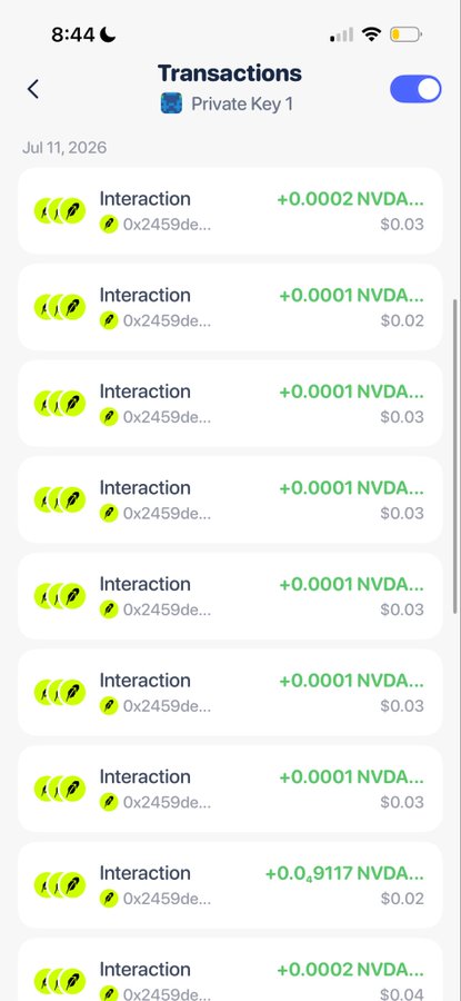 A screenshot of a crypto wallet app's "Transactions" page showing hundreds of micro-rewards (mostly +0.0001 NVDA worth $0.02-$0.03 each) from interaction with contract "0x2459de..." on July 11, 2026, illustrating the post's point about being buried in thousands of tiny transactions that would make crypto tax software prohibitively expensive.