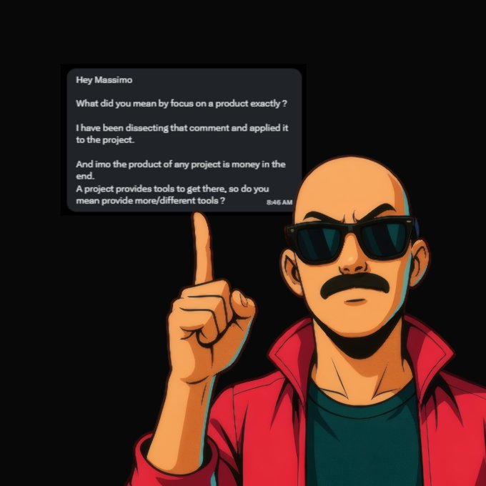 A bald cartoon man with sunglasses, mustache, and red jacket points upward at a chat bubble showing his message to "Massimo" questioning what "focus on a product" means and arguing that the product of any project is money—directly challenging Massimo's essay by suggesting projects are just tools to get money, undermining the distinction between real products and disguised businesses.