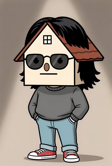A cartoon character with a house-shaped head, dark sunglasses, and long black hair stands confidently in a gray sweater and jeans. The image likely references "Ozzy" (likely referring to a person or project named Ozzy) being portrayed as superior to "Alon," with the quirky, stylish character serving as a visual mascot for "Ozzy."