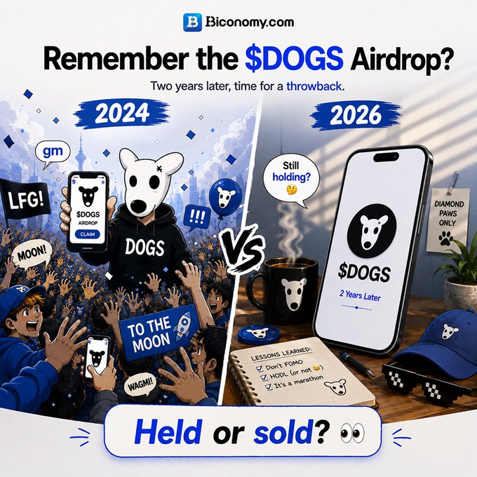 A promotional graphic from Biconomy.com asking 'Remember the $DOGS Airdrop?' comparing a 2024 hype scene to a 2026 scene, with text 'Held or sold?' and 'Lessons Learned' including 'Don't FOMO' and 'HODL'.
